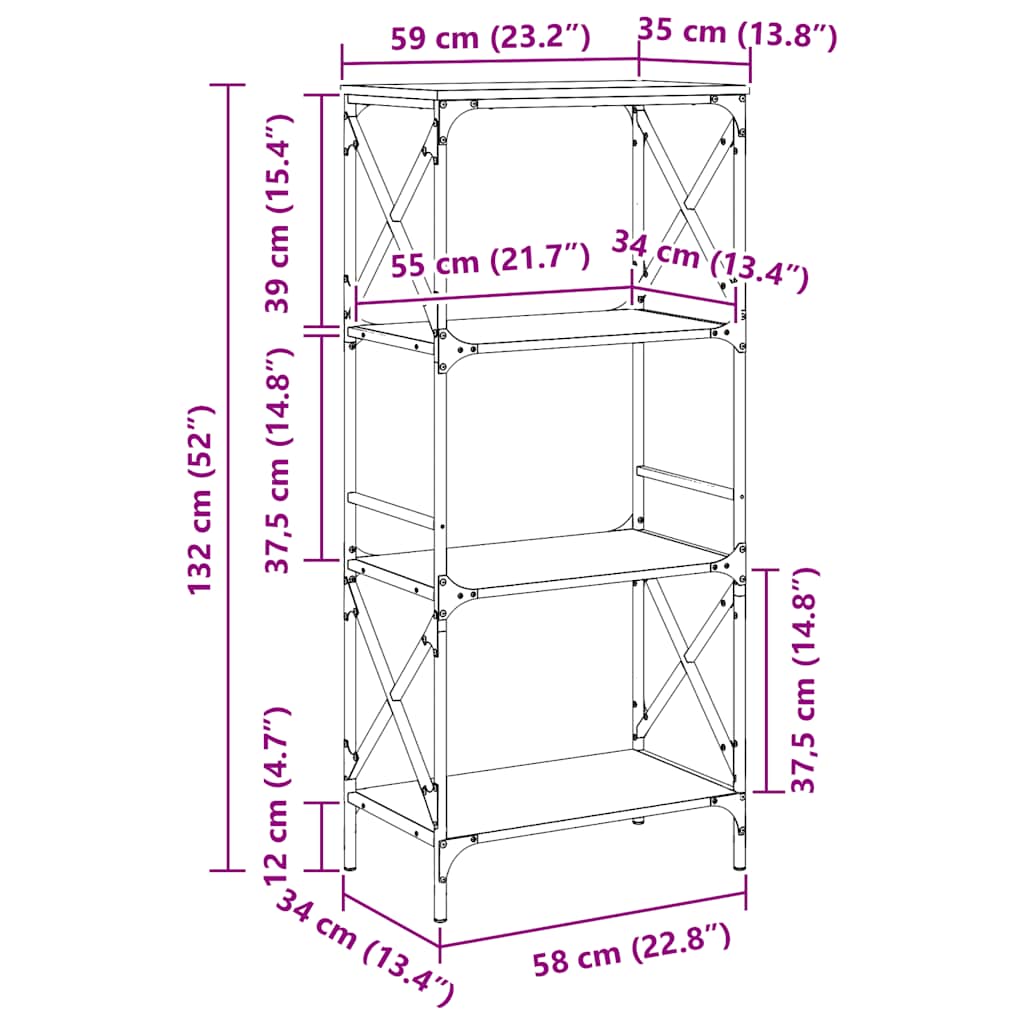 Bookcase 4-Tier Smoked Oak 59x35x132 cm Engineered Wood