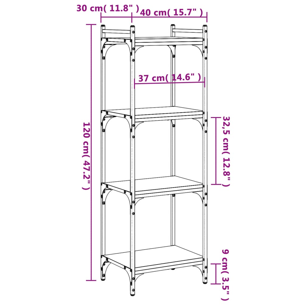 Bookcase 4-Tier Black 40x30x120 cm Engineered Wood