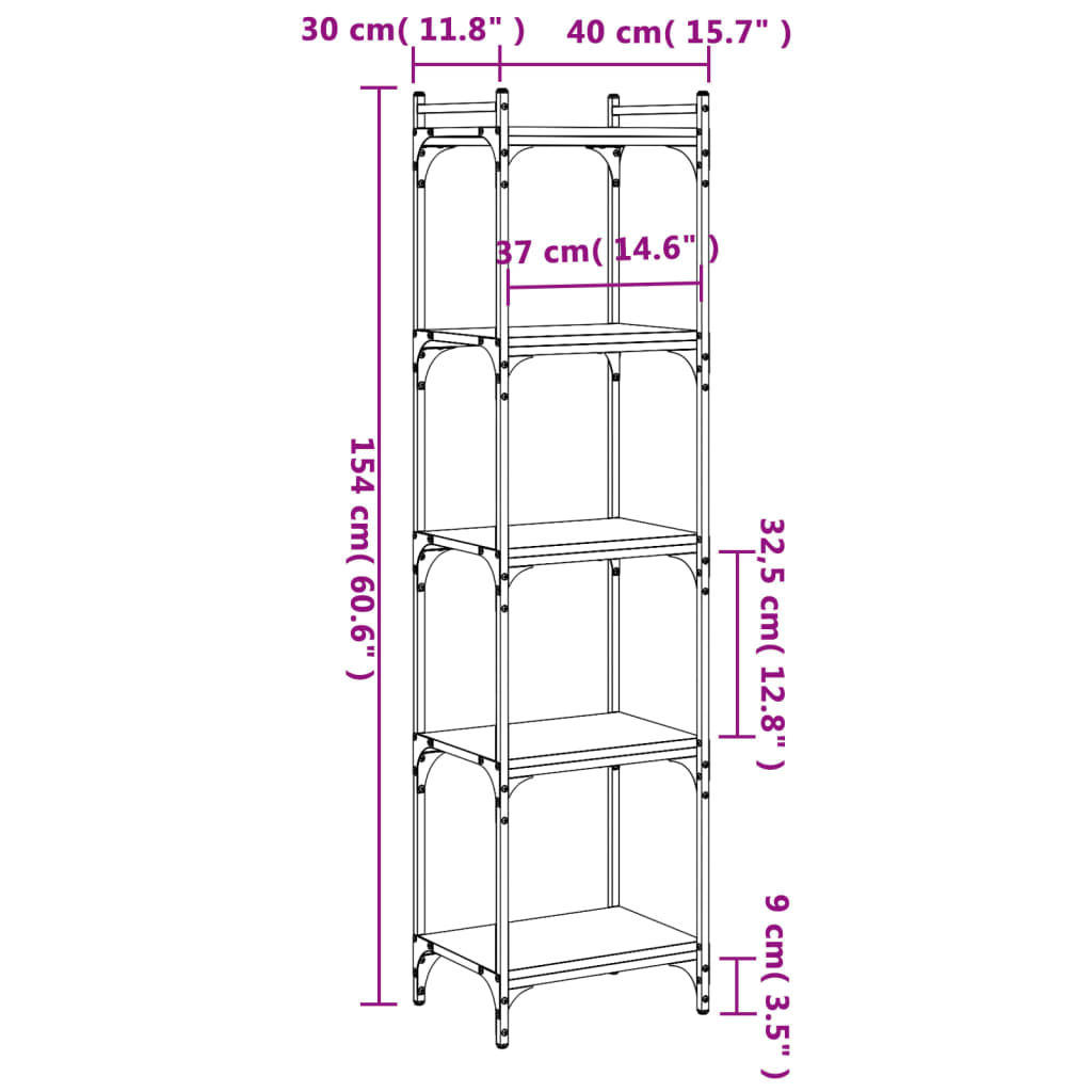 Bookcase 5-Tier Grey Sonoma 40x30x154 cm Engineered Wood
