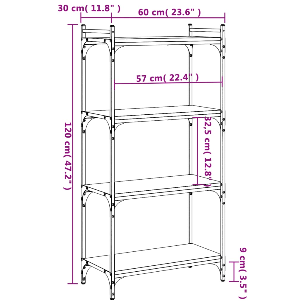 Bookcase 4-Tier Grey Sonoma 60x30x120 cm Engineered Wood