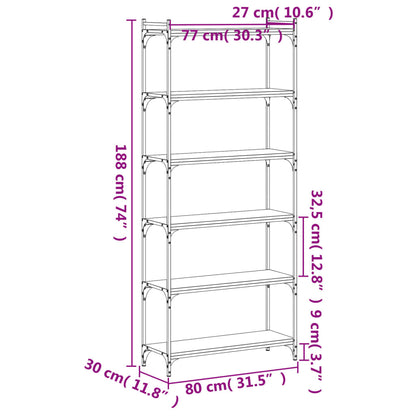 Bookcase 6-Tier Smoked Oak 80x30x188 cm Engineered Wood