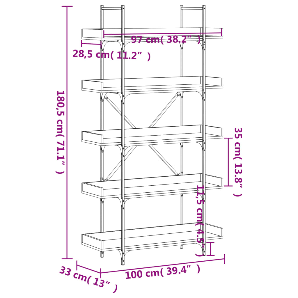 Bookcase 5-Tier Smoked Oak 100x33x180,5 cm Engineered Wood