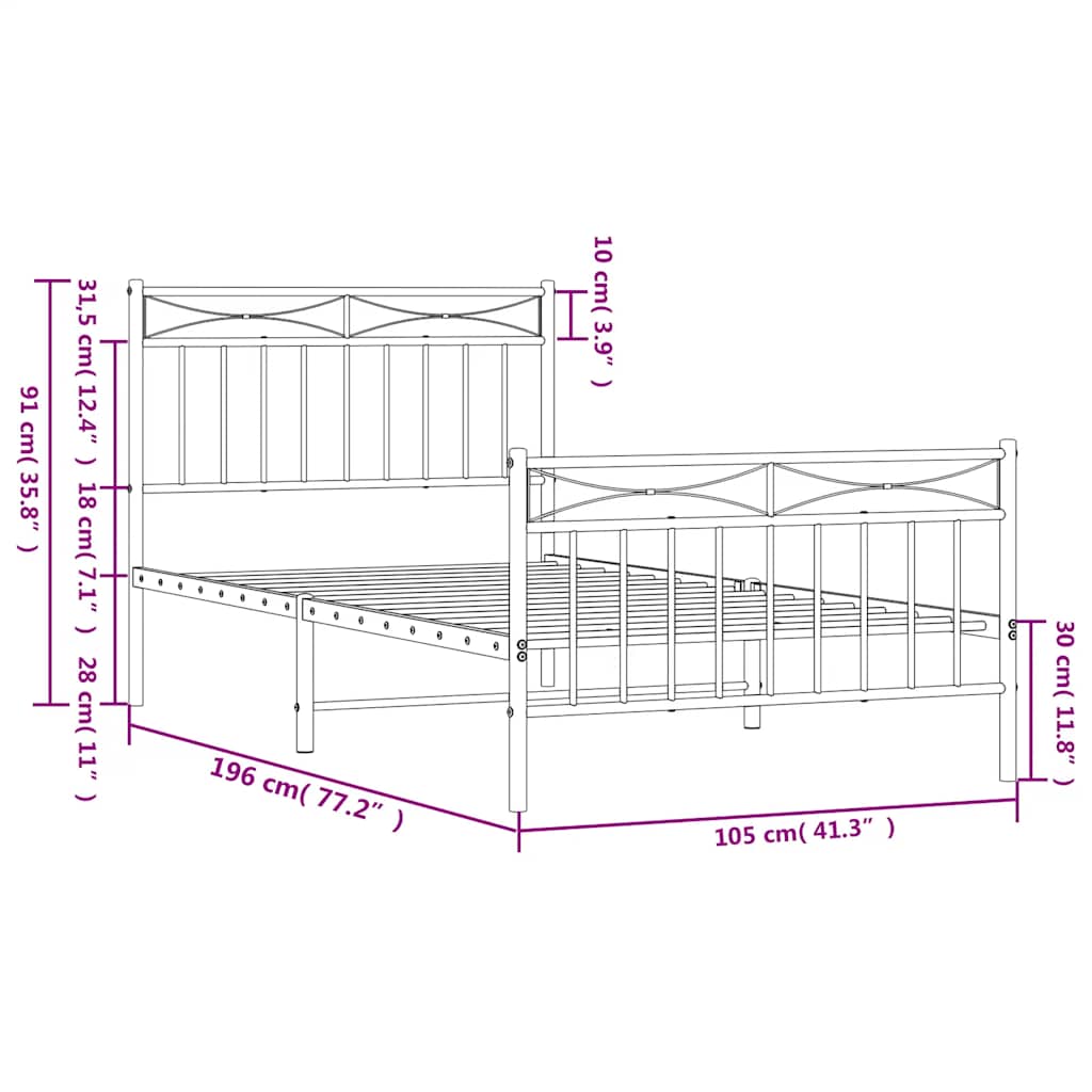 Metal Bed Frame without Mattress with Footboard Black 100x190cm