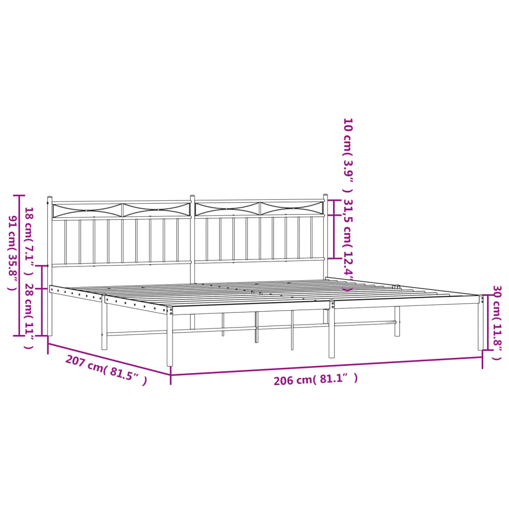Metal Bed Frame without Mattress with Headboard White 200x200cm