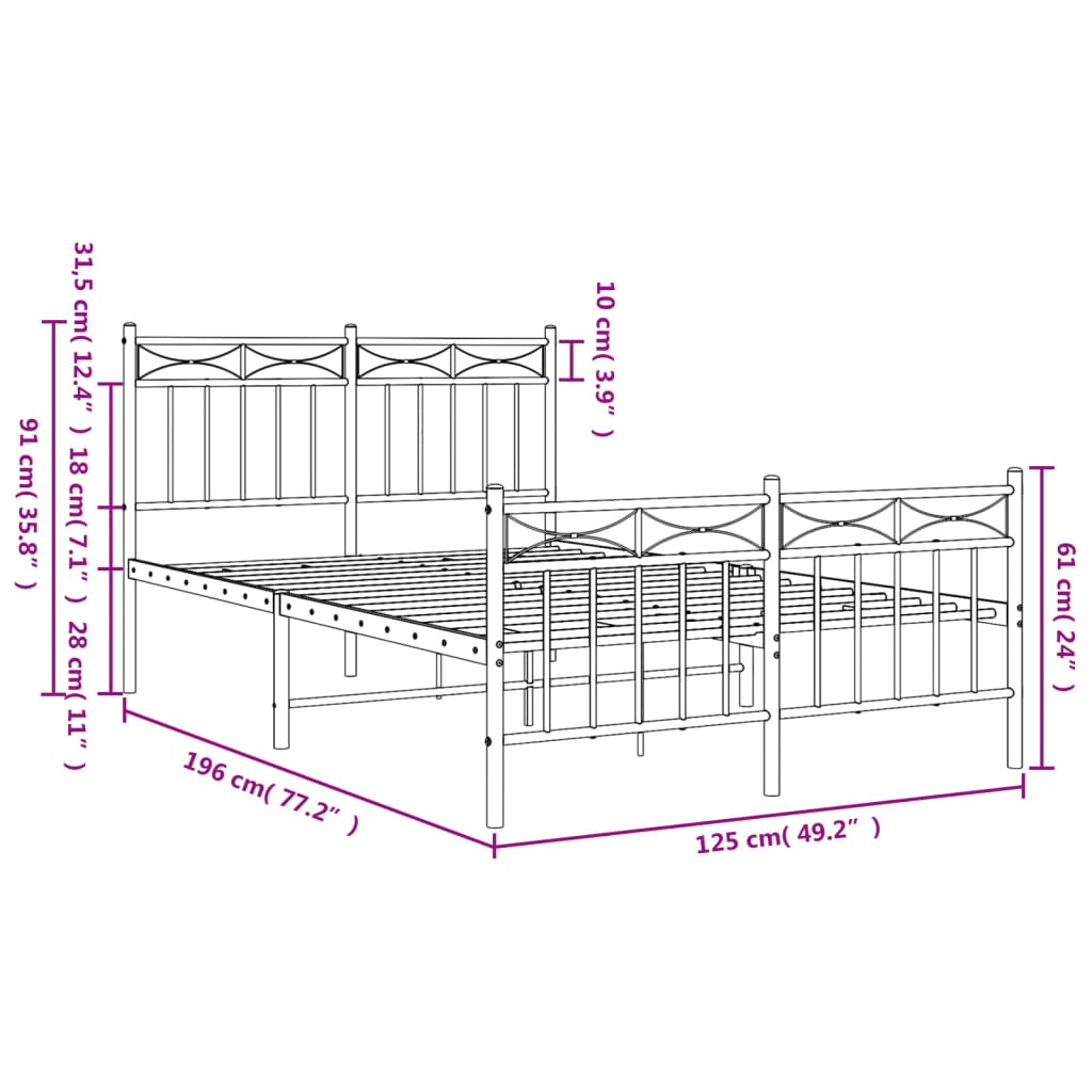Metal Bed Frame without Mattress with Footboard White 120x190cm
