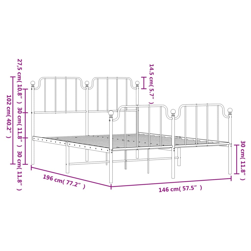 Metal Bed Frame without Mattress with Footboard White 140x190cm