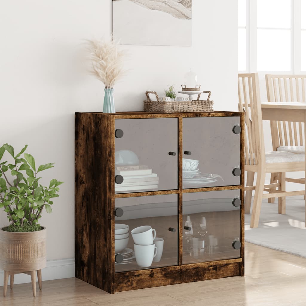 Side Cabinet with Glass Doors Smoked Oak 68x37x75.5 cm