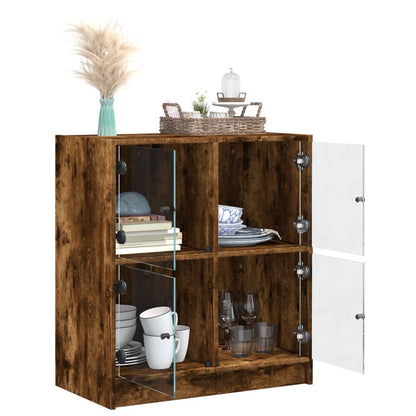 Side Cabinet with Glass Doors Smoked Oak 68x37x75.5 cm