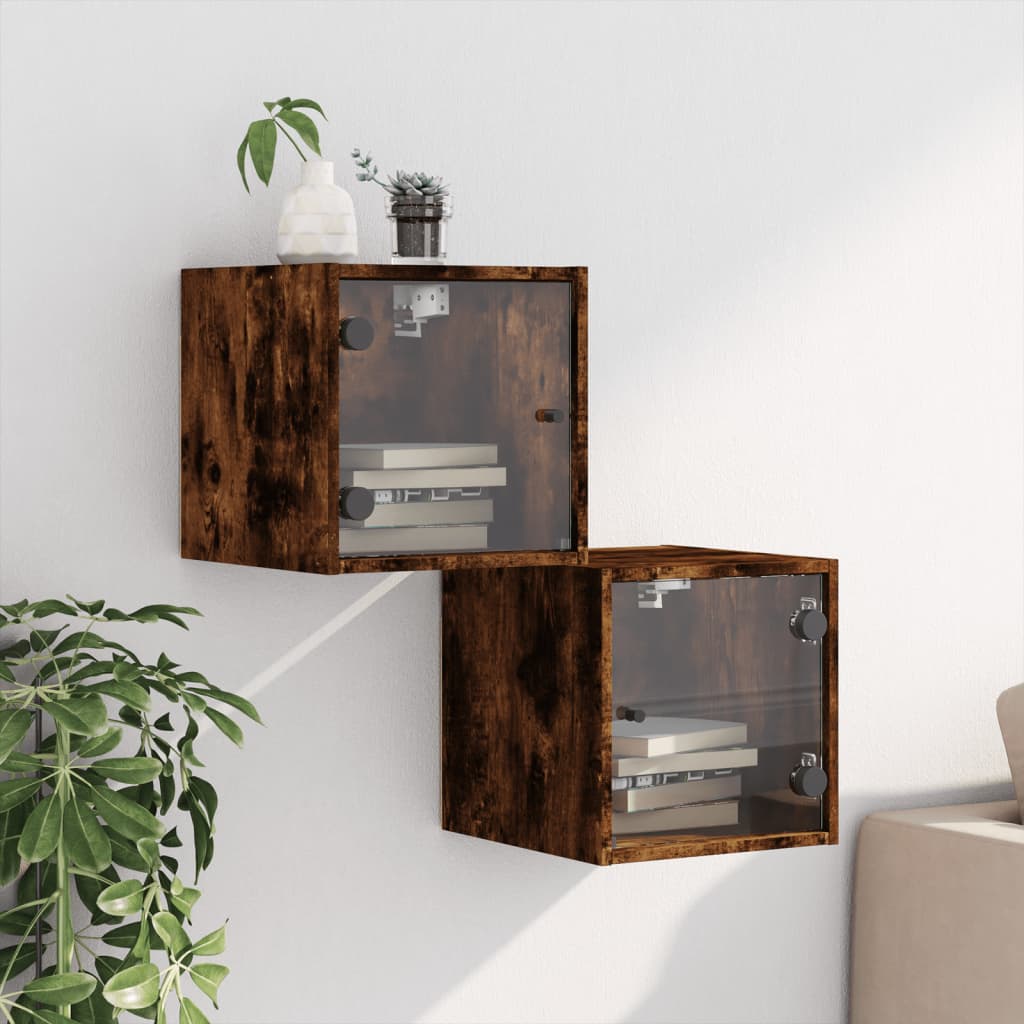 Bedside Cabinets with Glass Doors 2 pcs Smoked Oak 35x37x35 cm