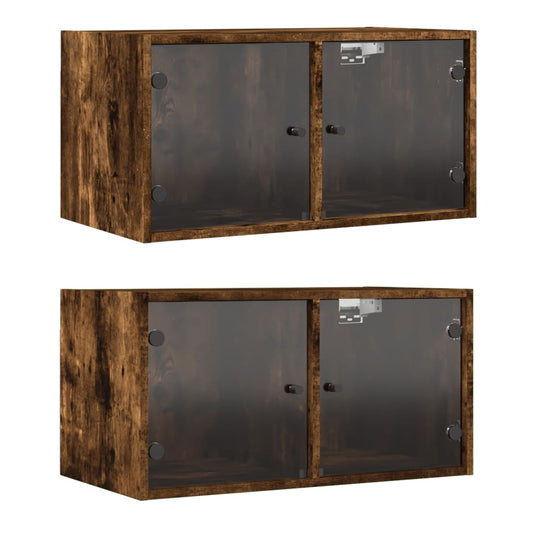 Wall Cabinets with Glass Doors 2 pcs Smoked Oak 68.5x37x35 cm