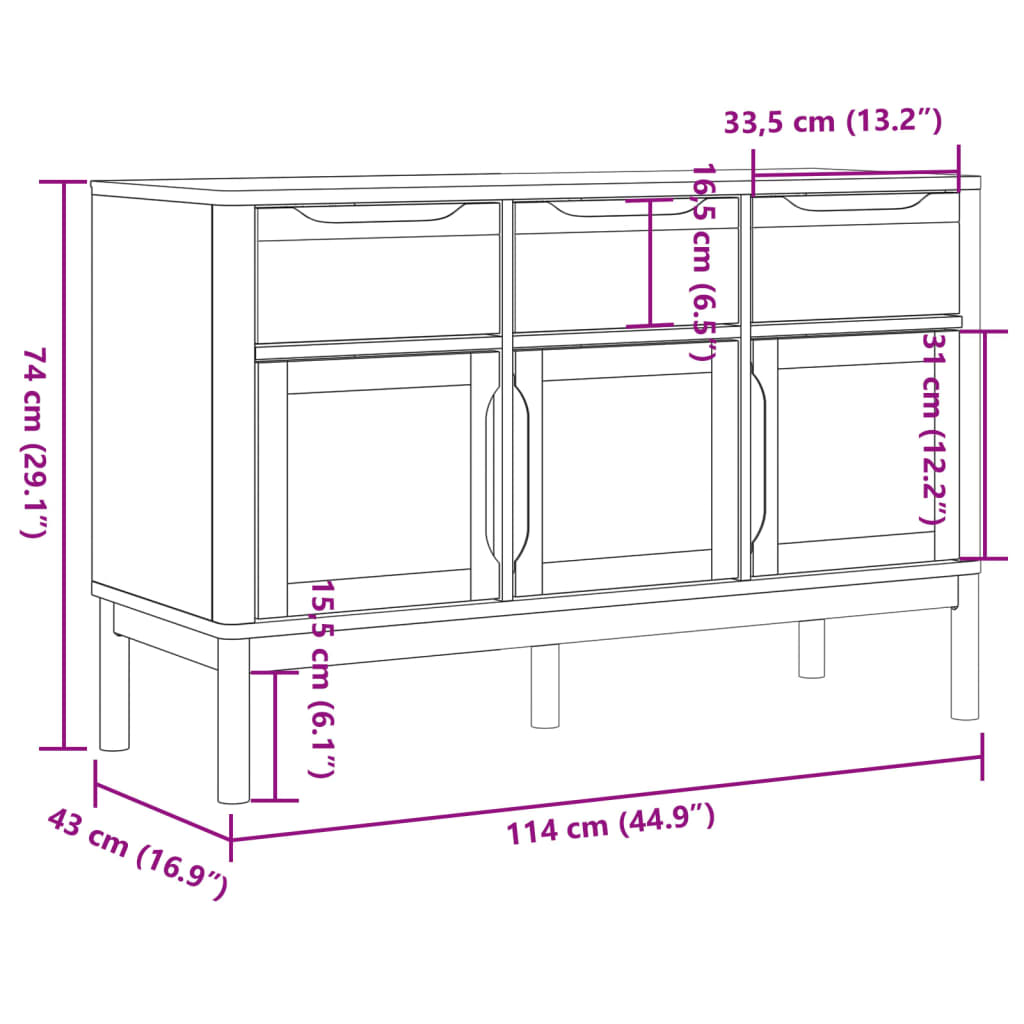 Sideboard FLORO White 114x43x74 cm Solid Wood Pine