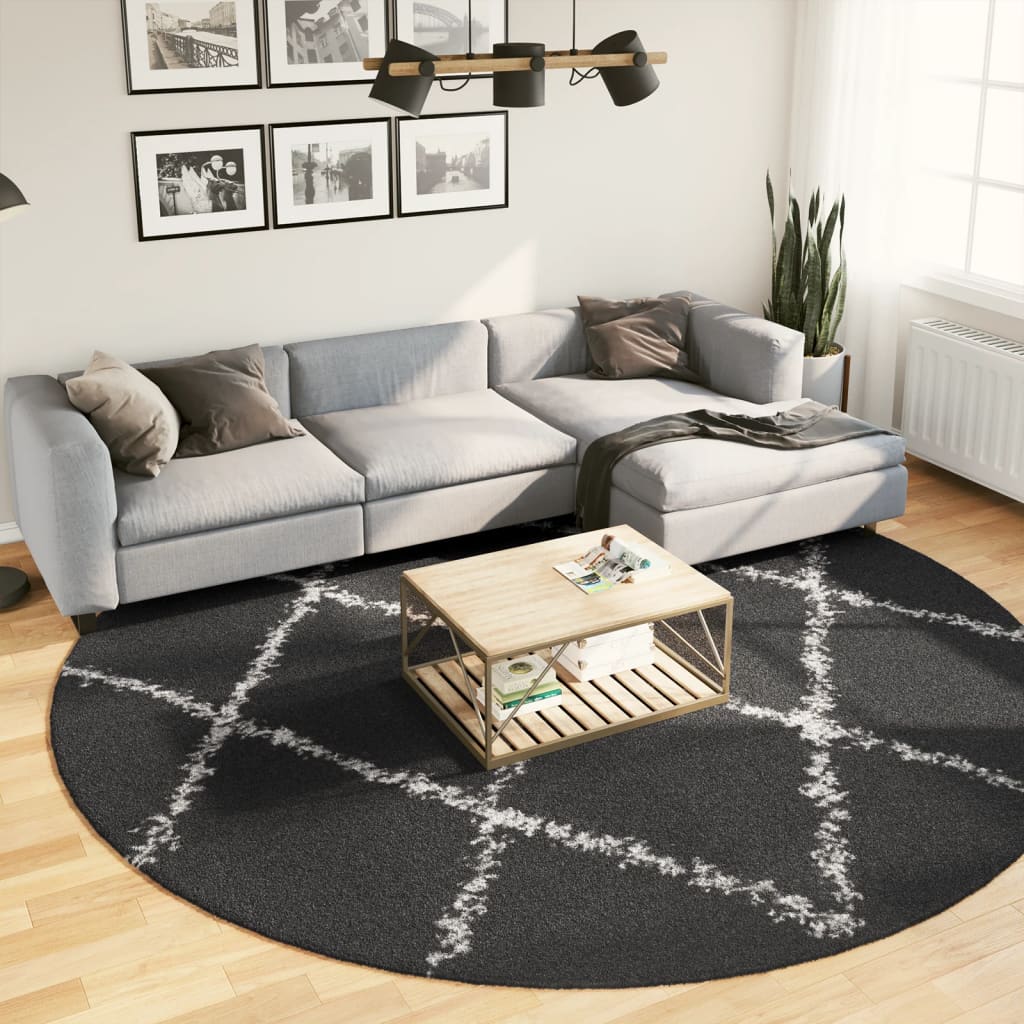 Shaggy Rug PAMPLONA High Pile Modern Black and Cream Ø 280 cm