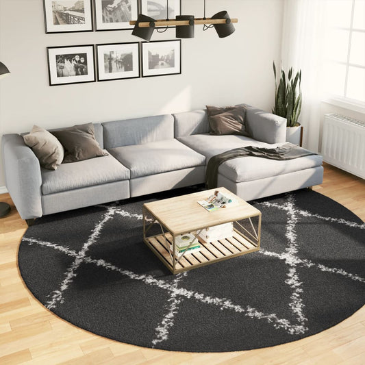 Shaggy Rug PAMPLONA High Pile Modern Black and Cream Ø 280 cm