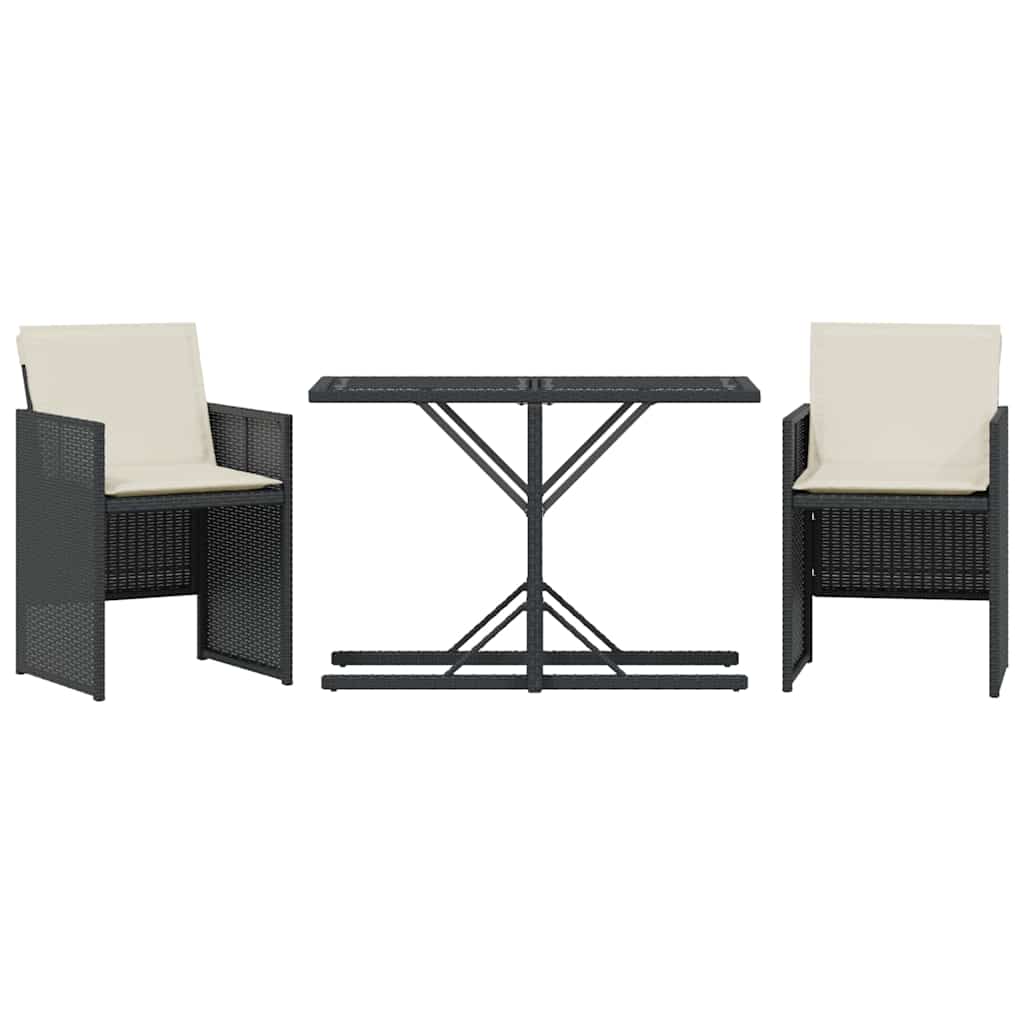 3 Piece Bistro Set with Cushions Black Poly Rattan