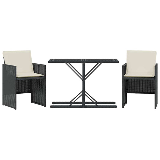 3 Piece Bistro Set with Cushions Black Poly Rattan