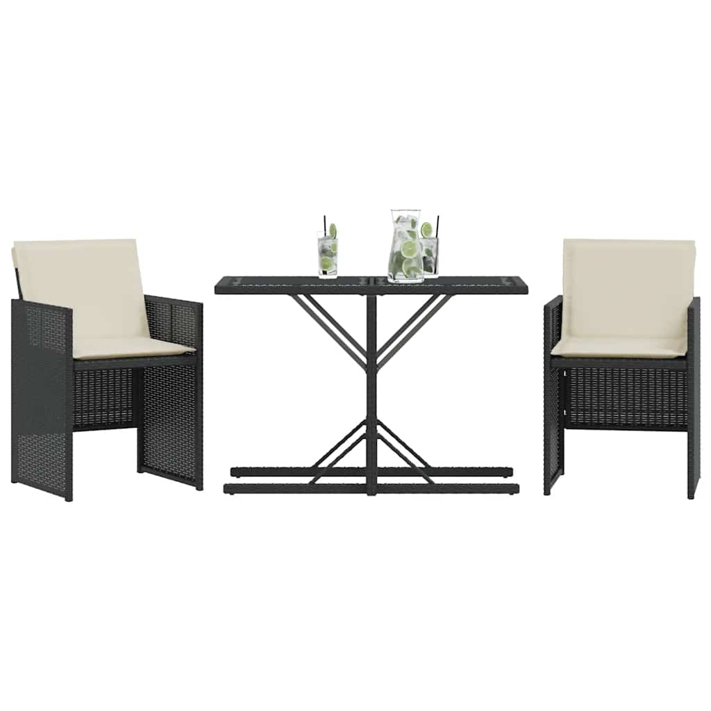 3 Piece Bistro Set with Cushions Black Poly Rattan