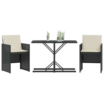 3 Piece Bistro Set with Cushions Black Poly Rattan