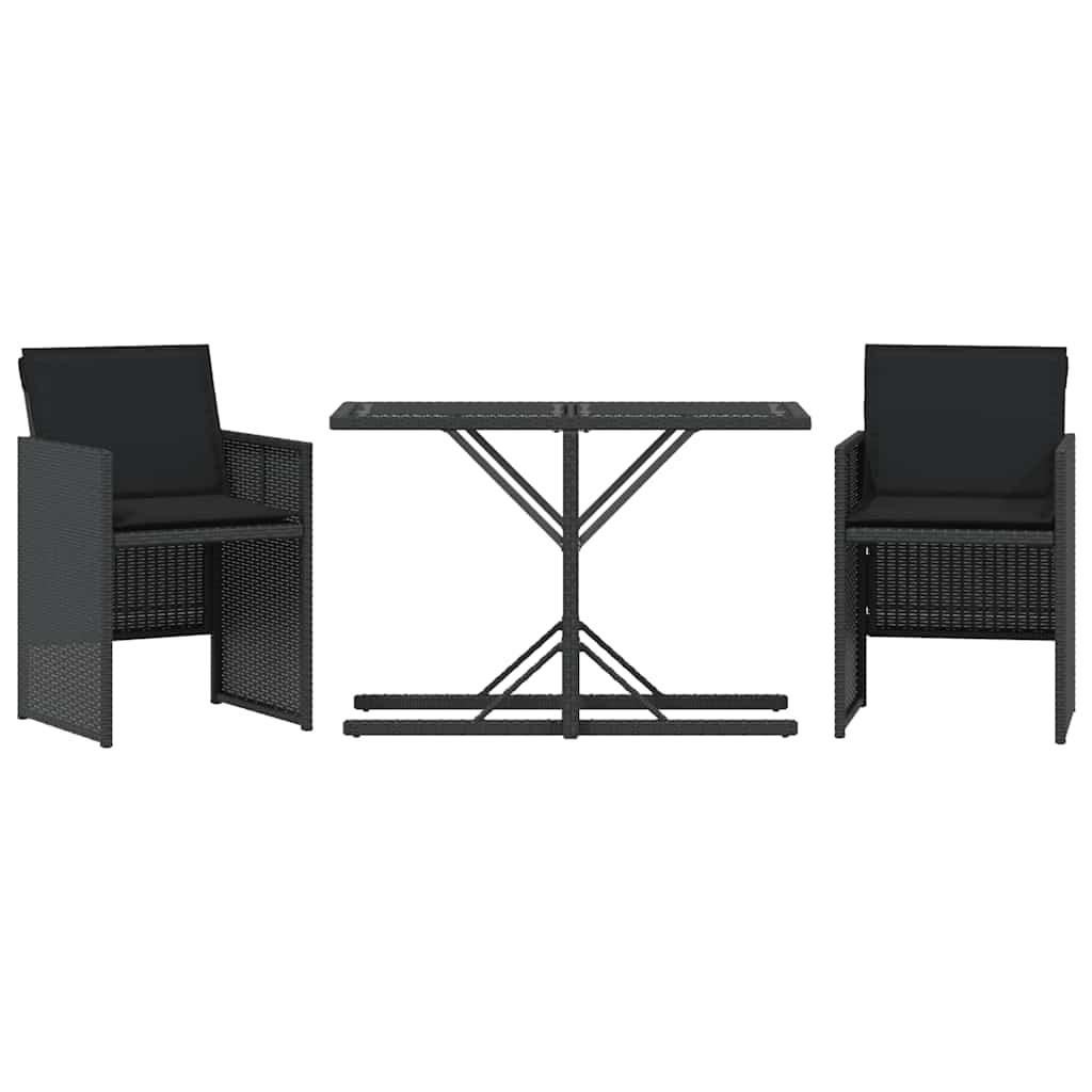 3 Piece Bistro Set with Cushions Black Poly Rattan