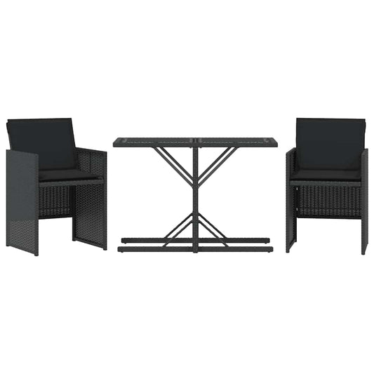 3 Piece Bistro Set with Cushions Black Poly Rattan