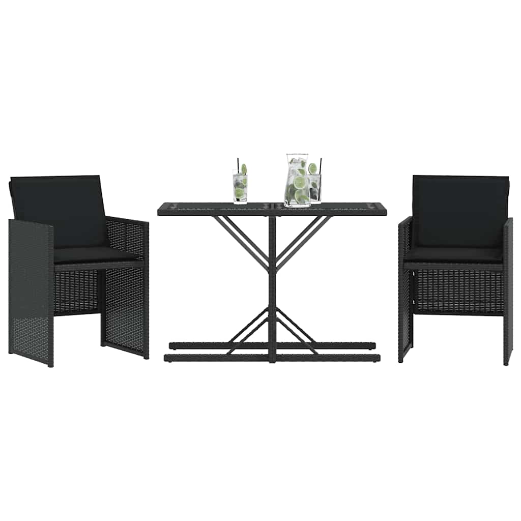 3 Piece Bistro Set with Cushions Black Poly Rattan