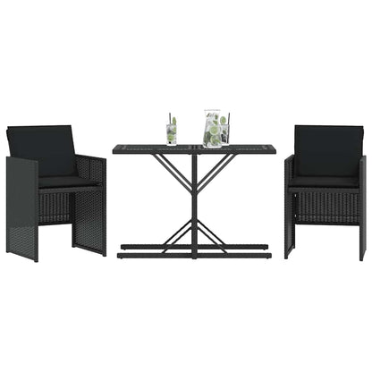 3 Piece Bistro Set with Cushions Black Poly Rattan