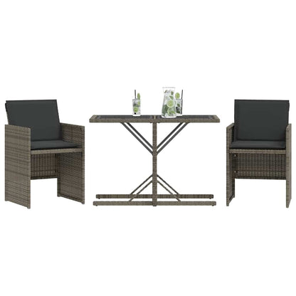 3 Piece Bistro Set with Cushions Grey Poly Rattan