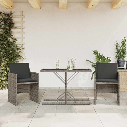 3 Piece Bistro Set with Cushions Grey Poly Rattan