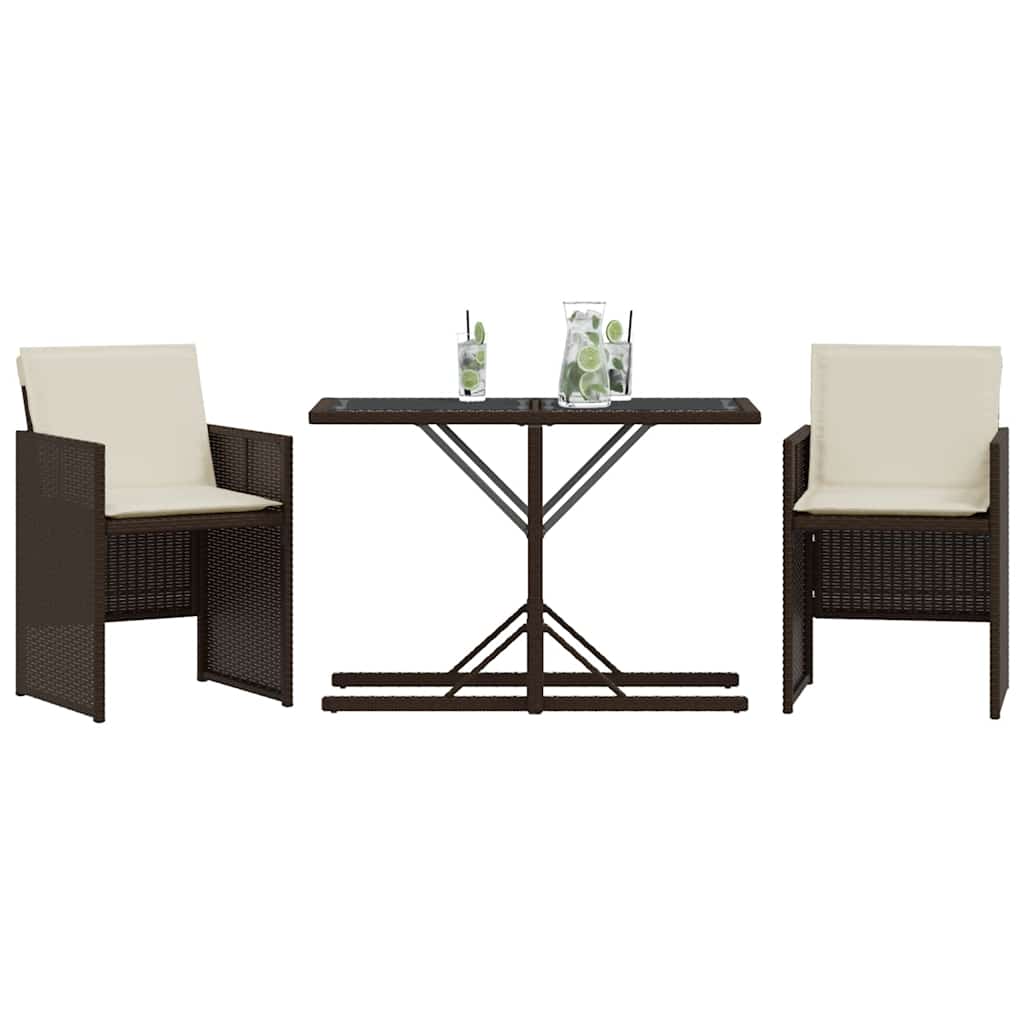 3 Piece Bistro Set with Cushions Brown Poly Rattan