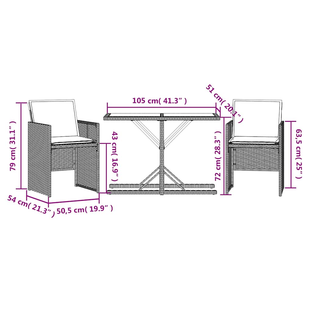 3 Piece Bistro Set with Cushions Brown Poly Rattan