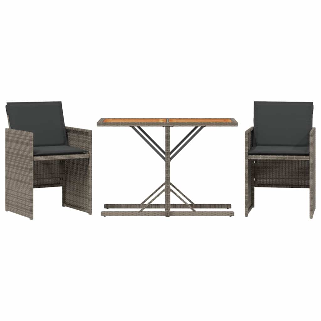 3 Piece Bistro Set with Cushions Grey Poly Rattan