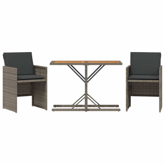 3 Piece Bistro Set with Cushions Grey Poly Rattan