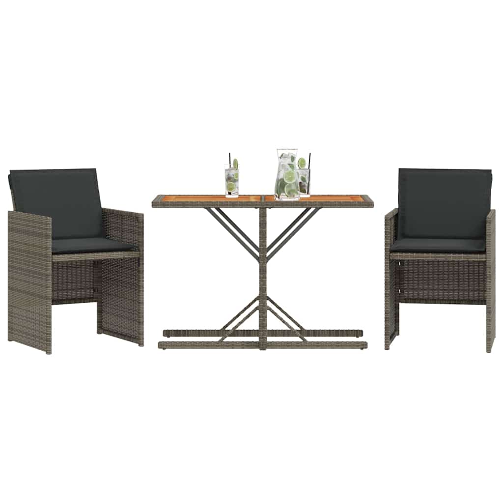 3 Piece Bistro Set with Cushions Grey Poly Rattan