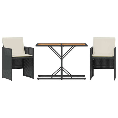 3 Piece Bistro Set with Cushions Black Poly Rattan