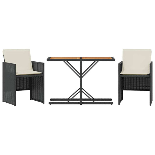3 Piece Bistro Set with Cushions Black Poly Rattan