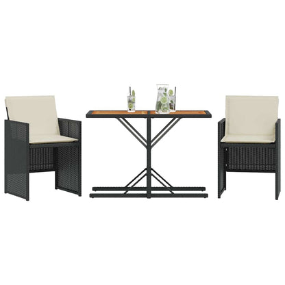 3 Piece Bistro Set with Cushions Black Poly Rattan