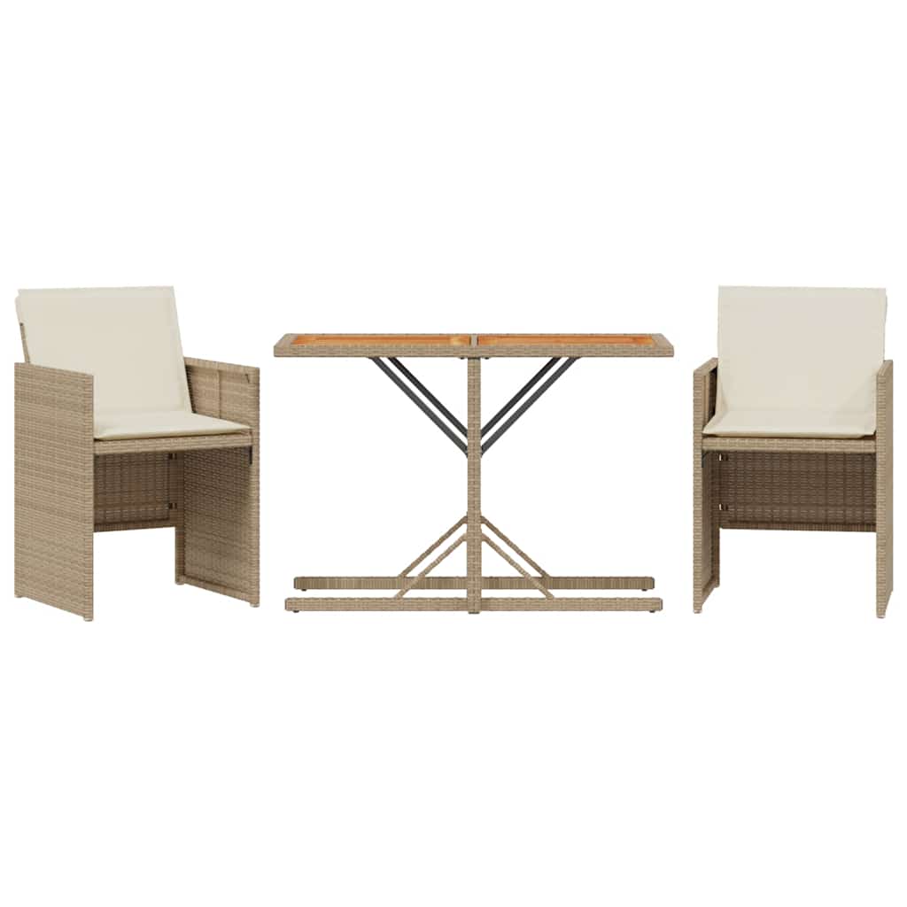 3 Piece Bistro Set with Cushions Beige Poly Rattan