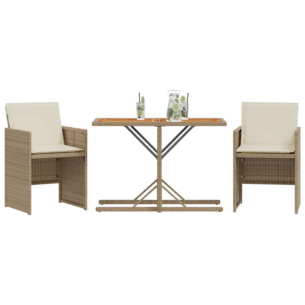 3 Piece Bistro Set with Cushions Beige Poly Rattan