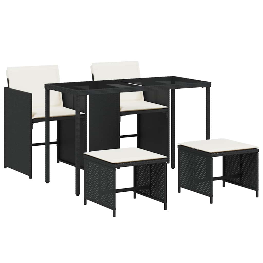 5 Piece Garden Dining Set with Cushions Black Poly Rattan
