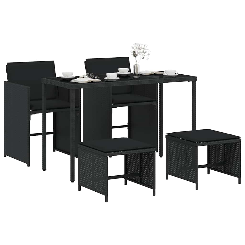 5 Piece Garden Dining Set with Cushions Black Poly Rattan