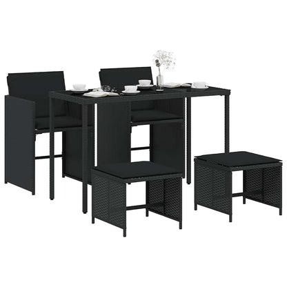 5 Piece Garden Dining Set with Cushions Black Poly Rattan