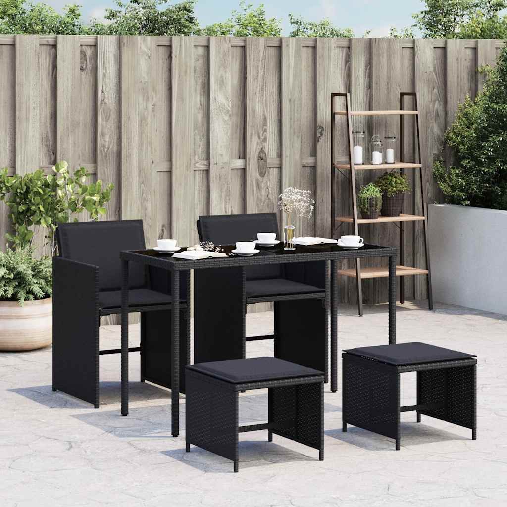 5 Piece Garden Dining Set with Cushions Black Poly Rattan