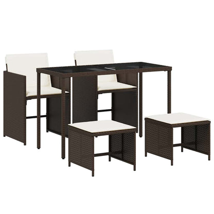 5 Piece Garden Dining Set with Cushions Brown Poly Rattan