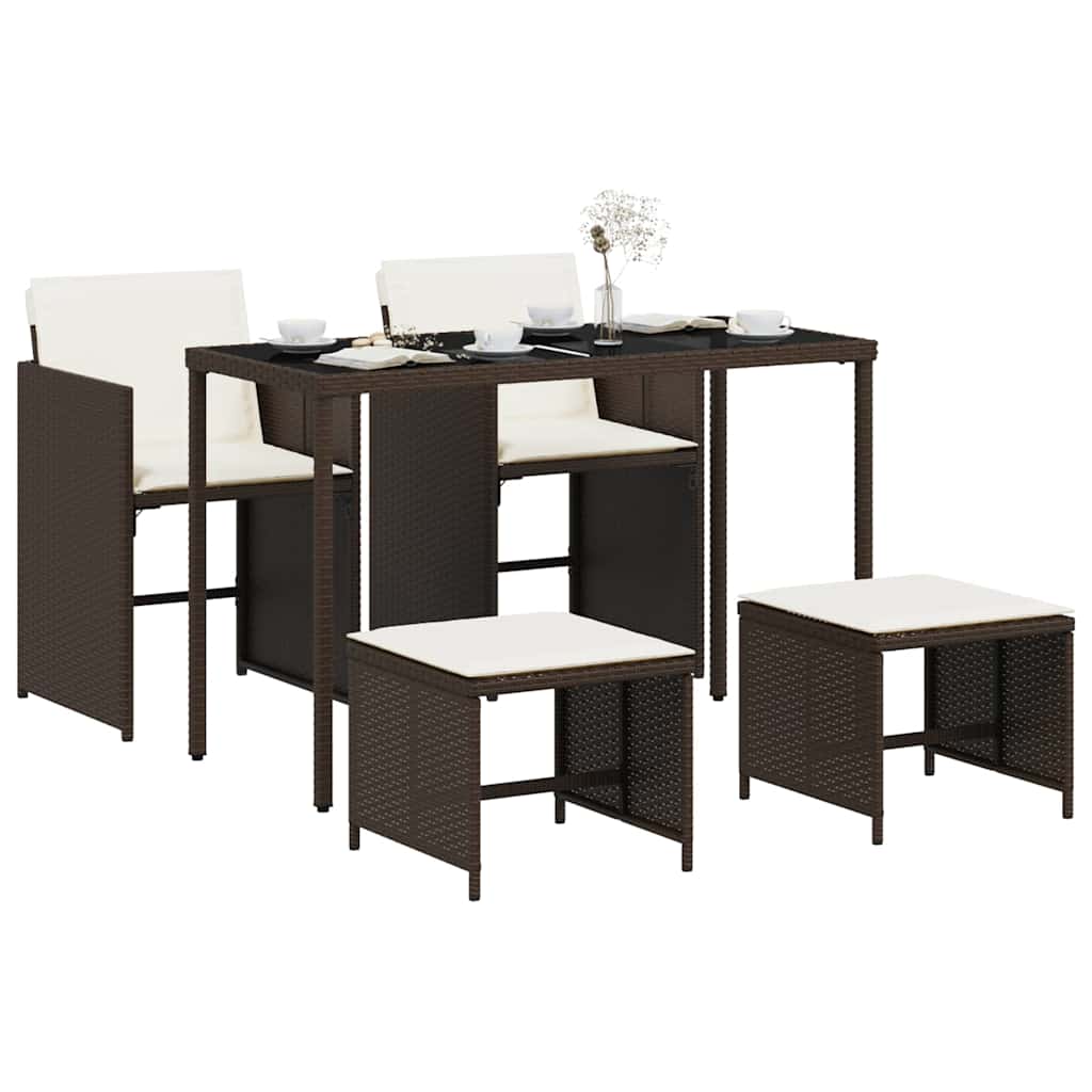 5 Piece Garden Dining Set with Cushions Brown Poly Rattan