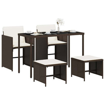 5 Piece Garden Dining Set with Cushions Brown Poly Rattan