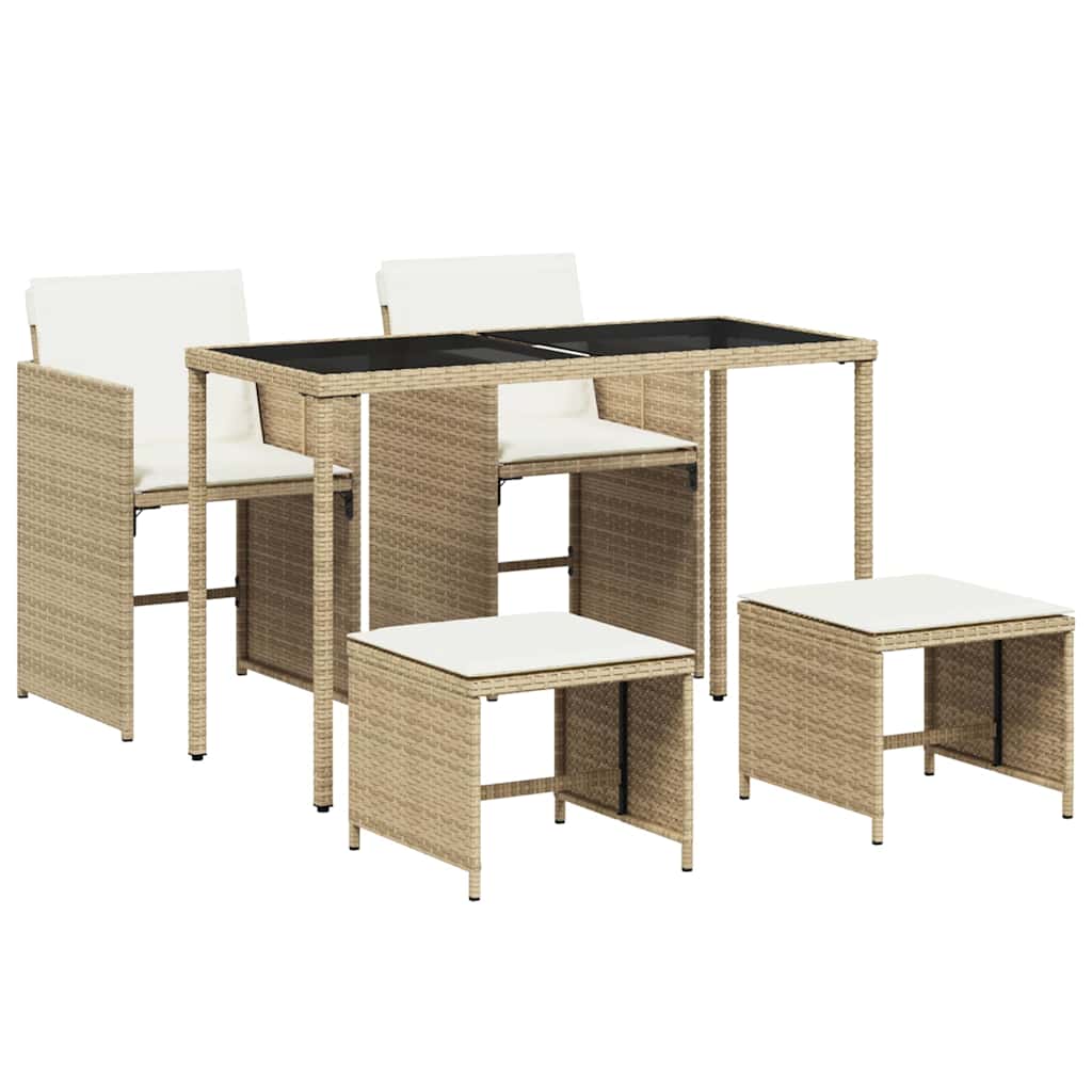 5 Piece Garden Dining Set with Cushions Beige Poly Rattan