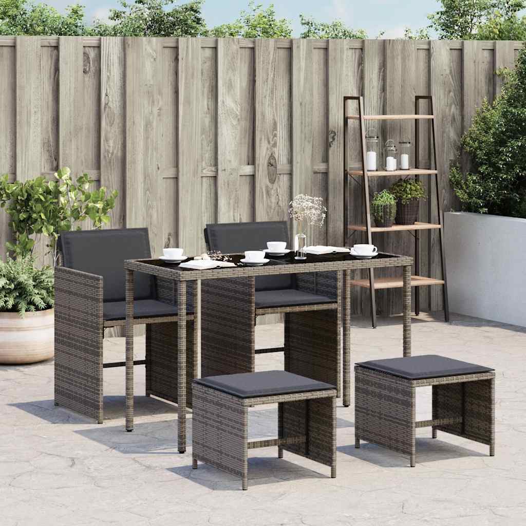 5 Piece Garden Dining Set with Cushions Grey Poly Rattan