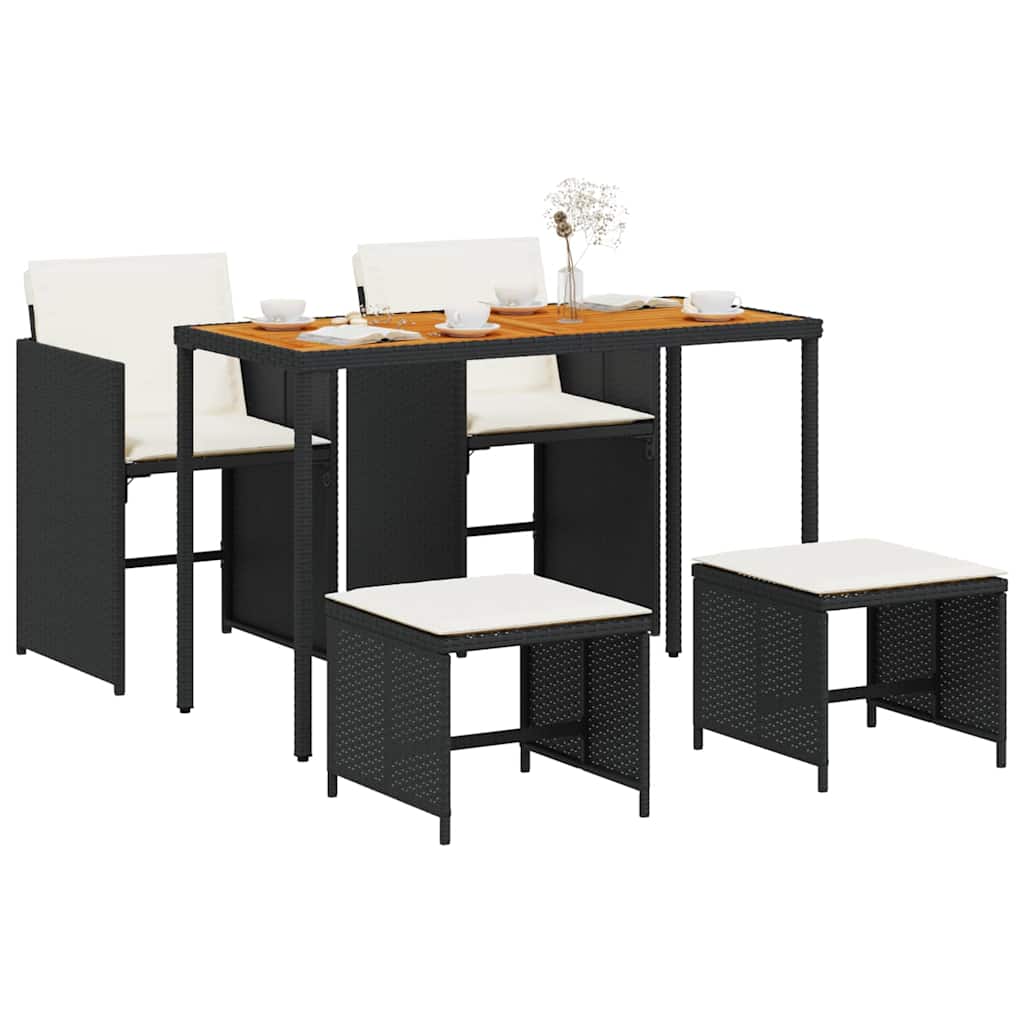 5 Piece Garden Dining Set with Cushions Black Poly Rattan