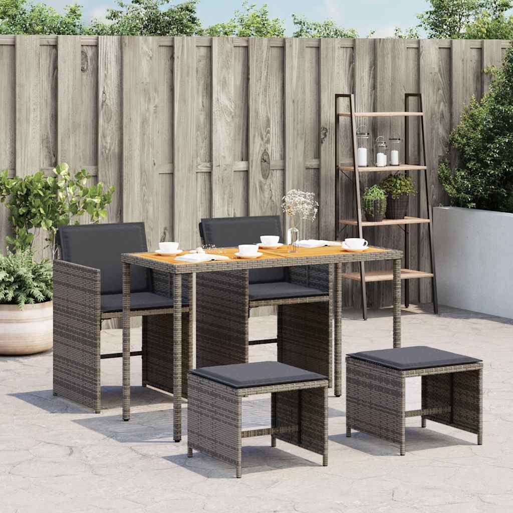 5 Piece Garden Dining Set with Cushions Grey Poly Rattan