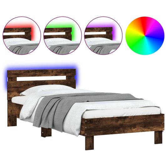 Bed Frame without Mattress with LED Lights Smoked Oak 75x190 cm