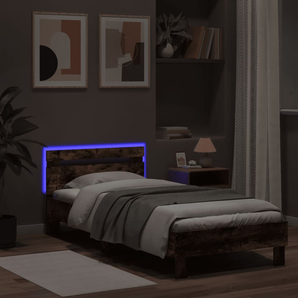 Bed Frame without Mattress with LED Lights Smoked Oak 75x190 cm
